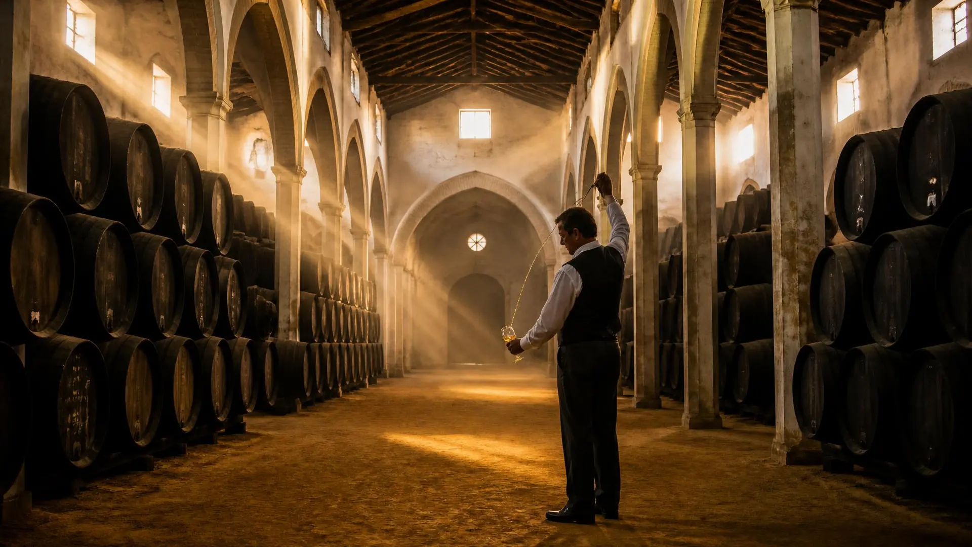 Venenciador sirviendo un fino en una bodega de Jerez, entre botas de roble y rayos de sol
